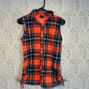 Rue‎ 21 Orange Teal Plaid Sleeveless Collared Lace Back Shirt Women Small